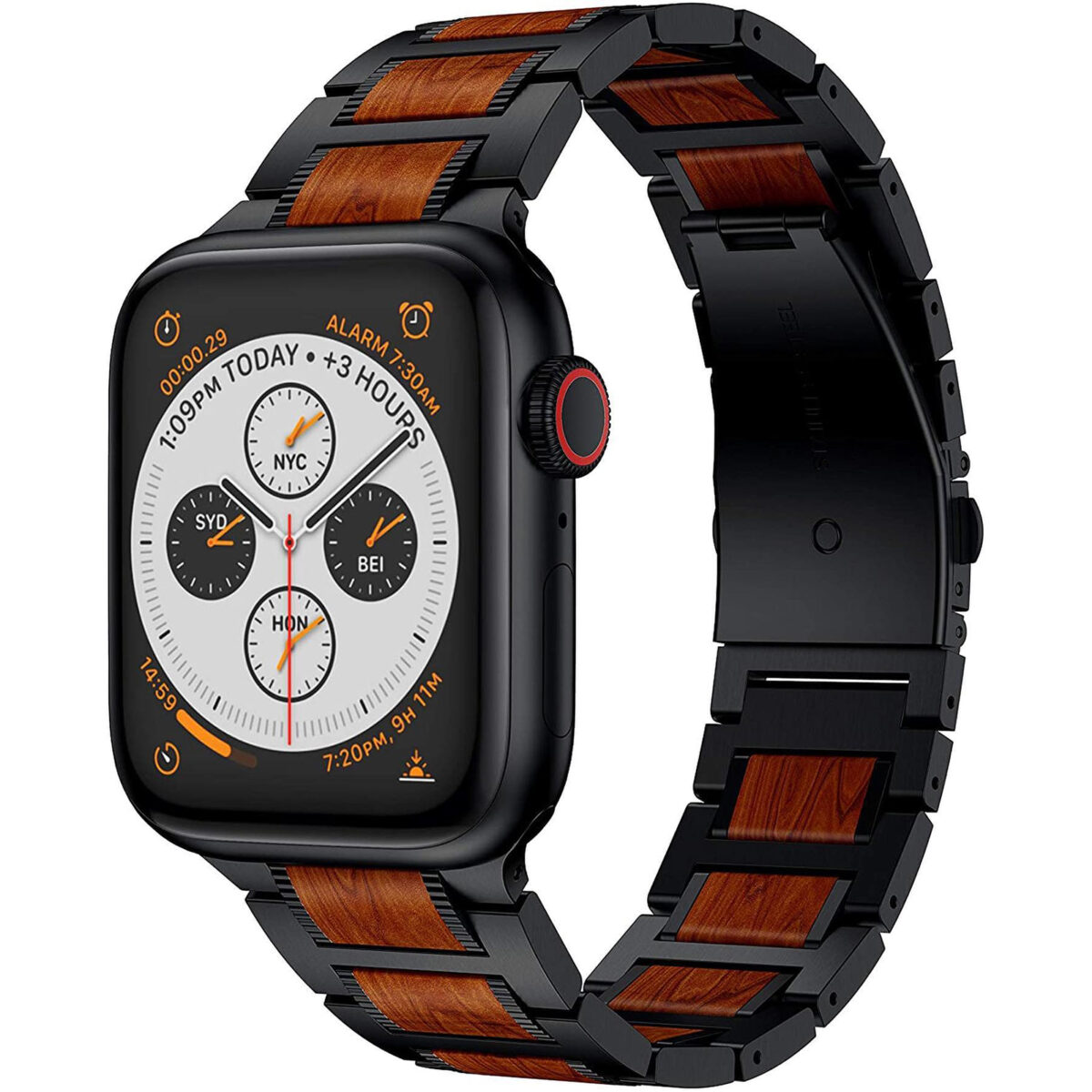 Natural Red Sandalwood & Metal Watch Band