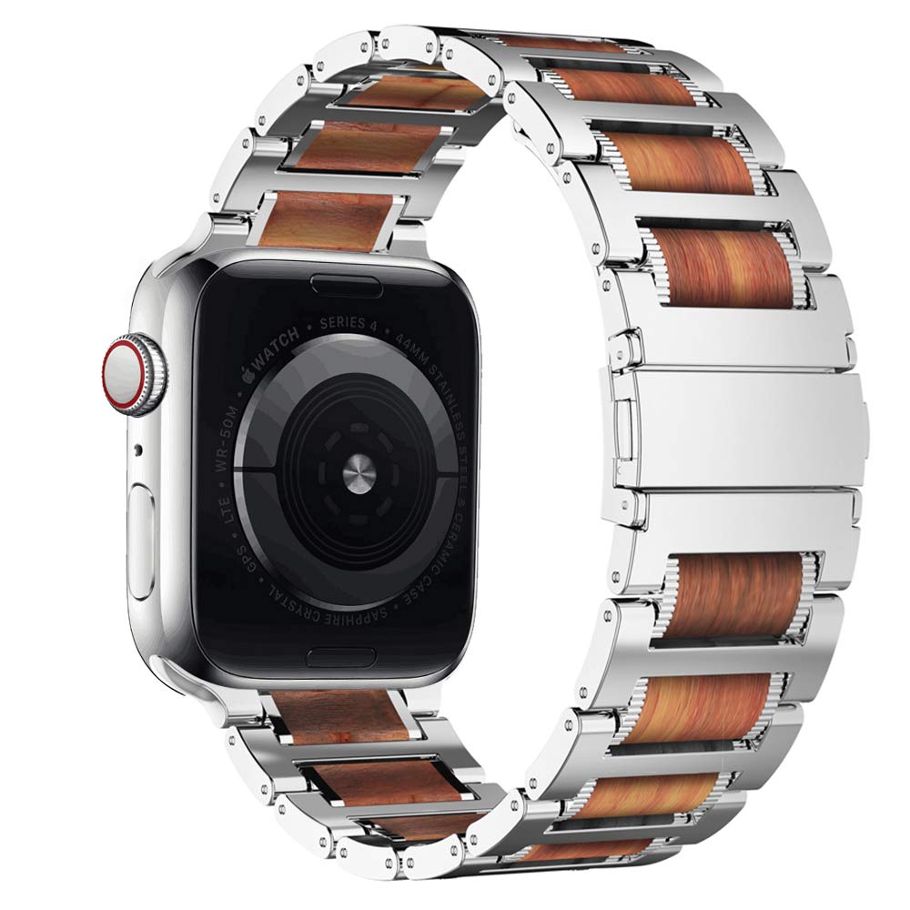Natural Red Sandalwood & Metal Watch Band